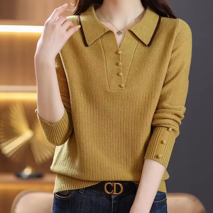 Свитер с лацканами для женщин на осень и зиму, новая трикотажная базовая рубашка, модный свитер для мам