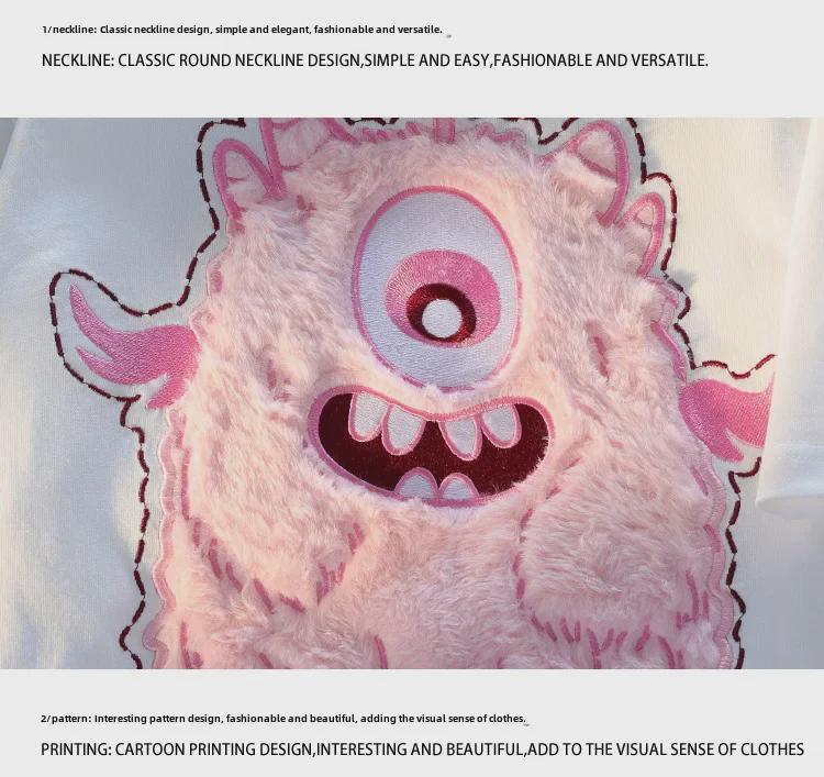 Женская розовая футболка из хлопка с вышитым ретро-монстром, с короткими рукавами, в стиле High Street Fashion, свободного кроя