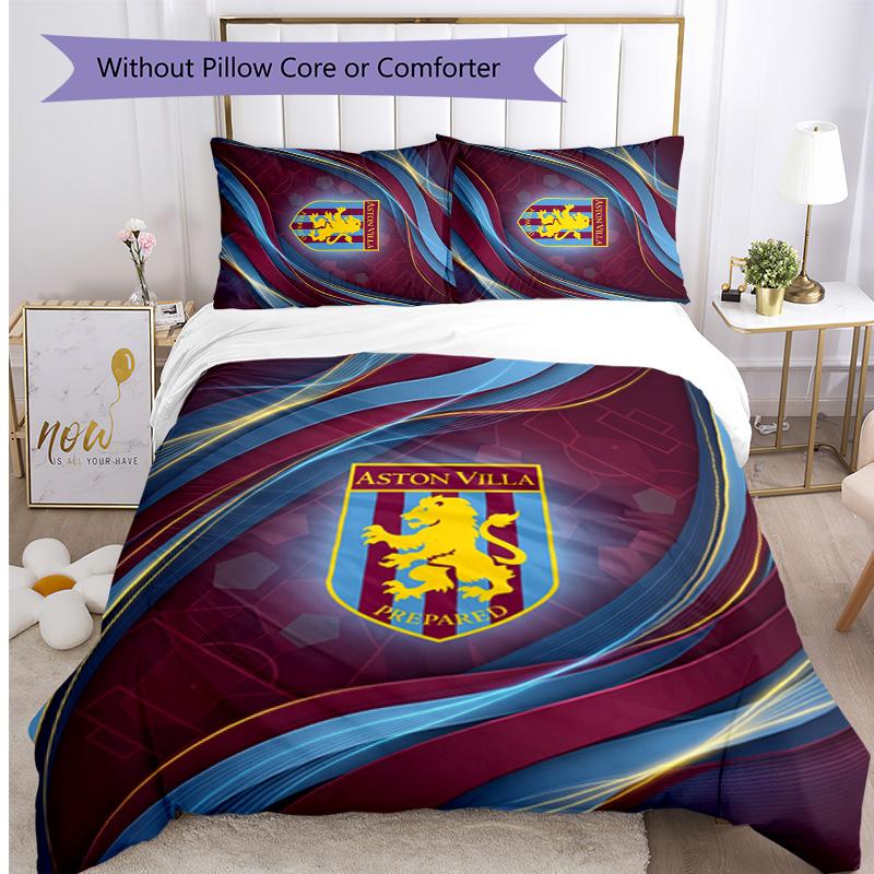 Aston Villa Football Printed 3 Pieces Bedding Set, Comfortable Skin Friendly Bedroom Duvet Cover Set