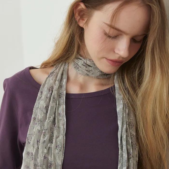 [26FW 1-й]_ Длинный плиссированный шарф с ботаническим принтом (3color)_Бежевый