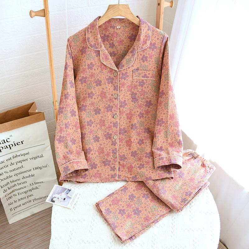 Весна Осень Дамы Женщины Пижамный Комплект Винтаж Листья Напечатаны Хлопок Отложной Воротник Длинные Рукава Брюки