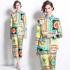 Runway Designer Vintage Print Pant Two Piece Set for Women Turn-down Shirt And Ankle Length Trousers Office Business Suit