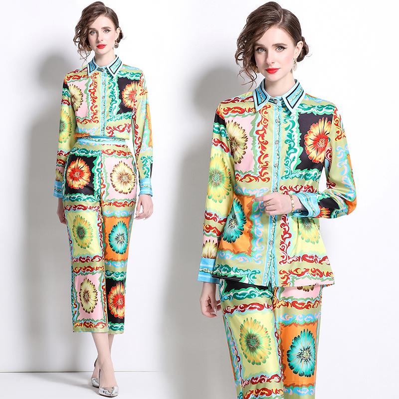 Runway Designer Vintage Print Pant Two Piece Set for Women Turn-down Shirt And Ankle Length Trousers Office Business Suit