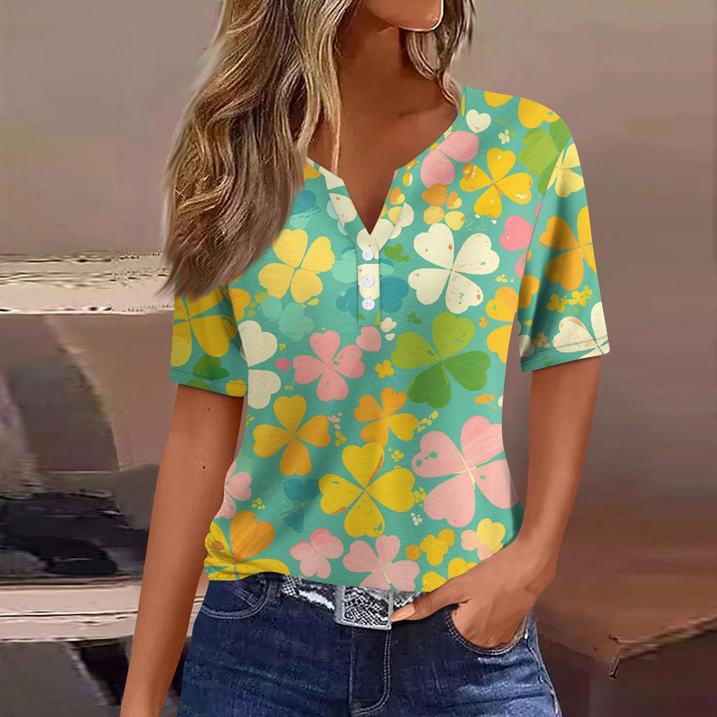 Женская футболка Футболка Принт Пуговица Короткий рукав Повседневная Мода для выходных Базовая V-образный вырез Обычный топ St. День Патрика