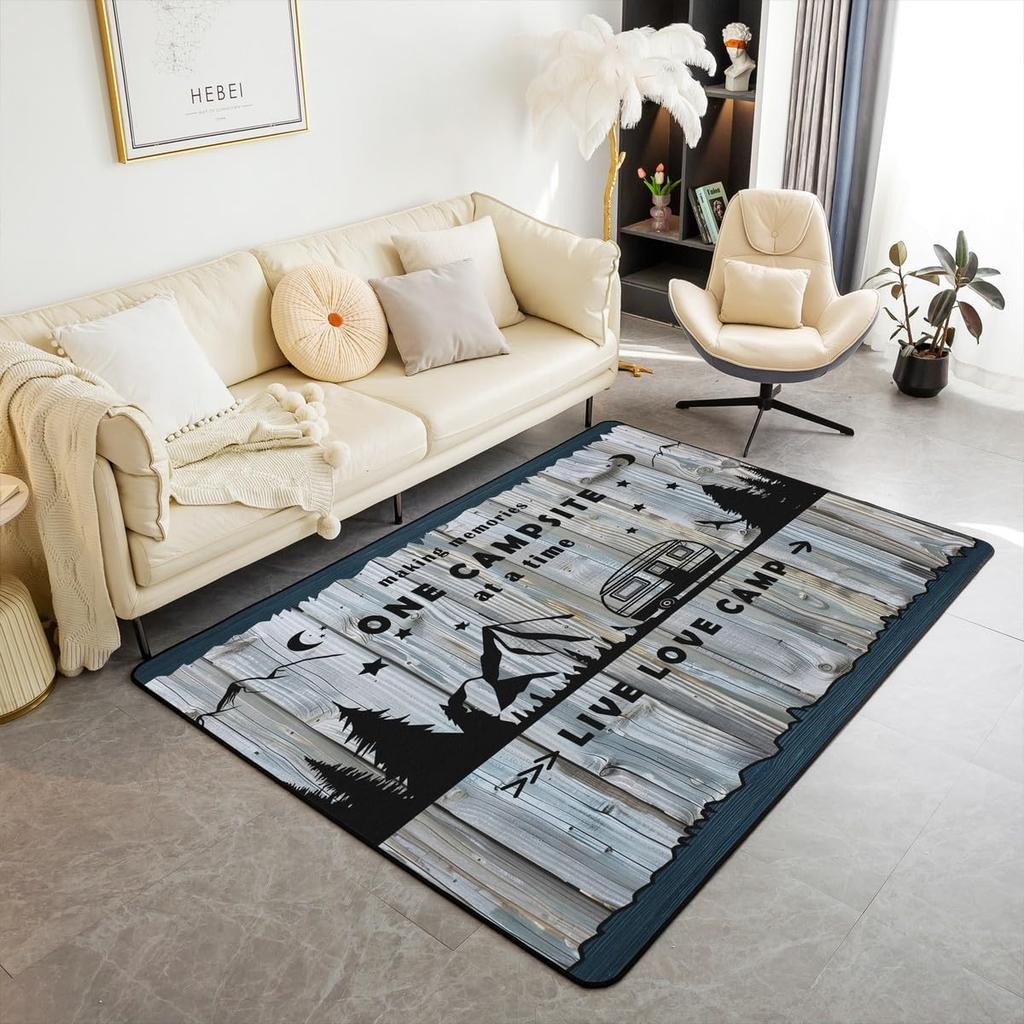 Outdoor Camping Themed Rug, Cartoon Campfire & Wood Non-Slip Floor Mat for Kids Bedroom Playroom Nursery Decor Carpet