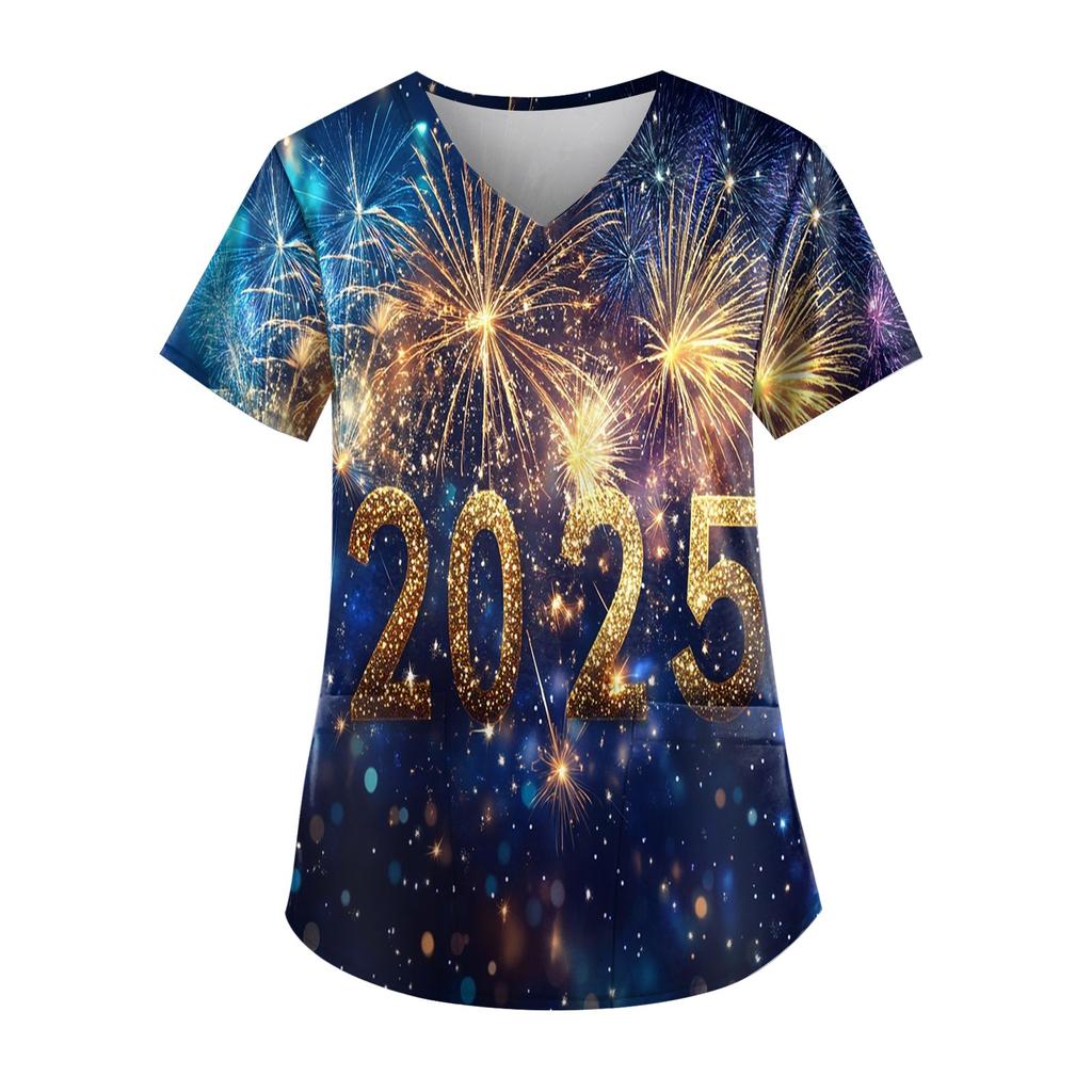 Women's Fashion New Year Printed Short Sleeve V-Neck Top Small Pocket Work T-Shirt