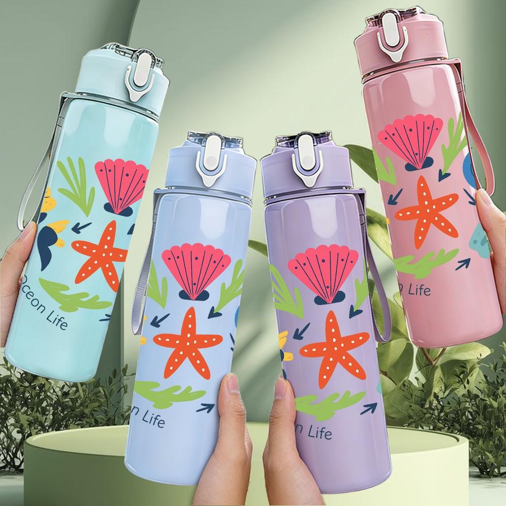 1PC Ocean Shell Starfish Scene 750ml Color Plastic Sports Water Bottle Leakproof Flip Straw Lid Suitable for Sports Office Home Use