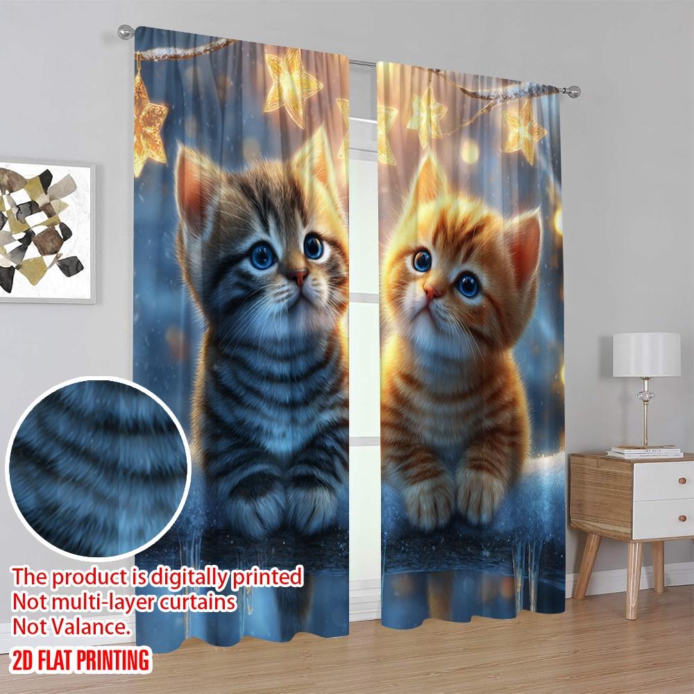 2pcs 2D flat printing Scene Curtains Winter Kittens Snow Stars Digital Printed Polyester Drapes Festive Wall Decor Use for