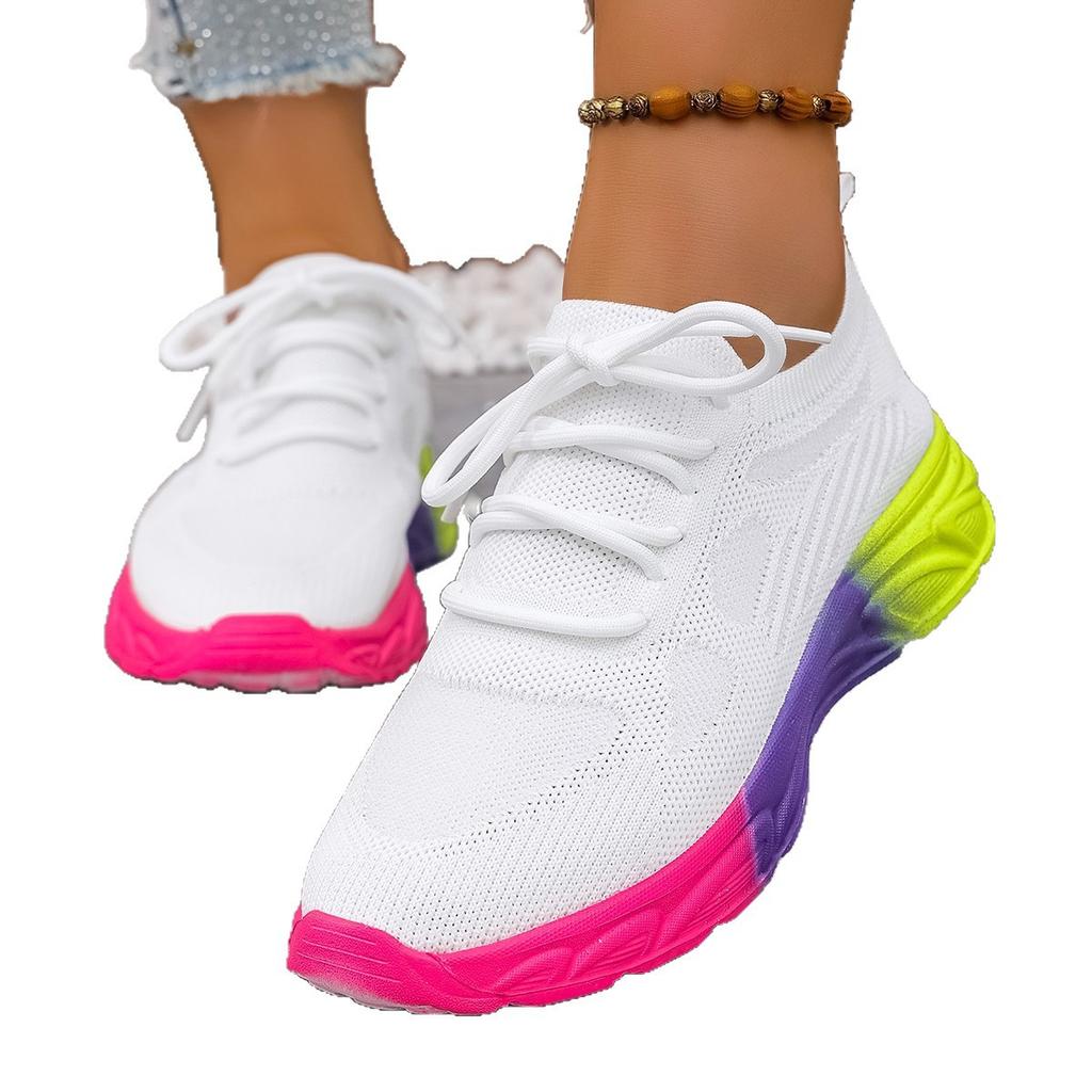 Модные женские кроссовки Повседневные сетчатые полые дышащие на шнуровке Легкая радужная подошва Комфортные спортивные кроссовки Женские кроссовки Zapatillas Mujer