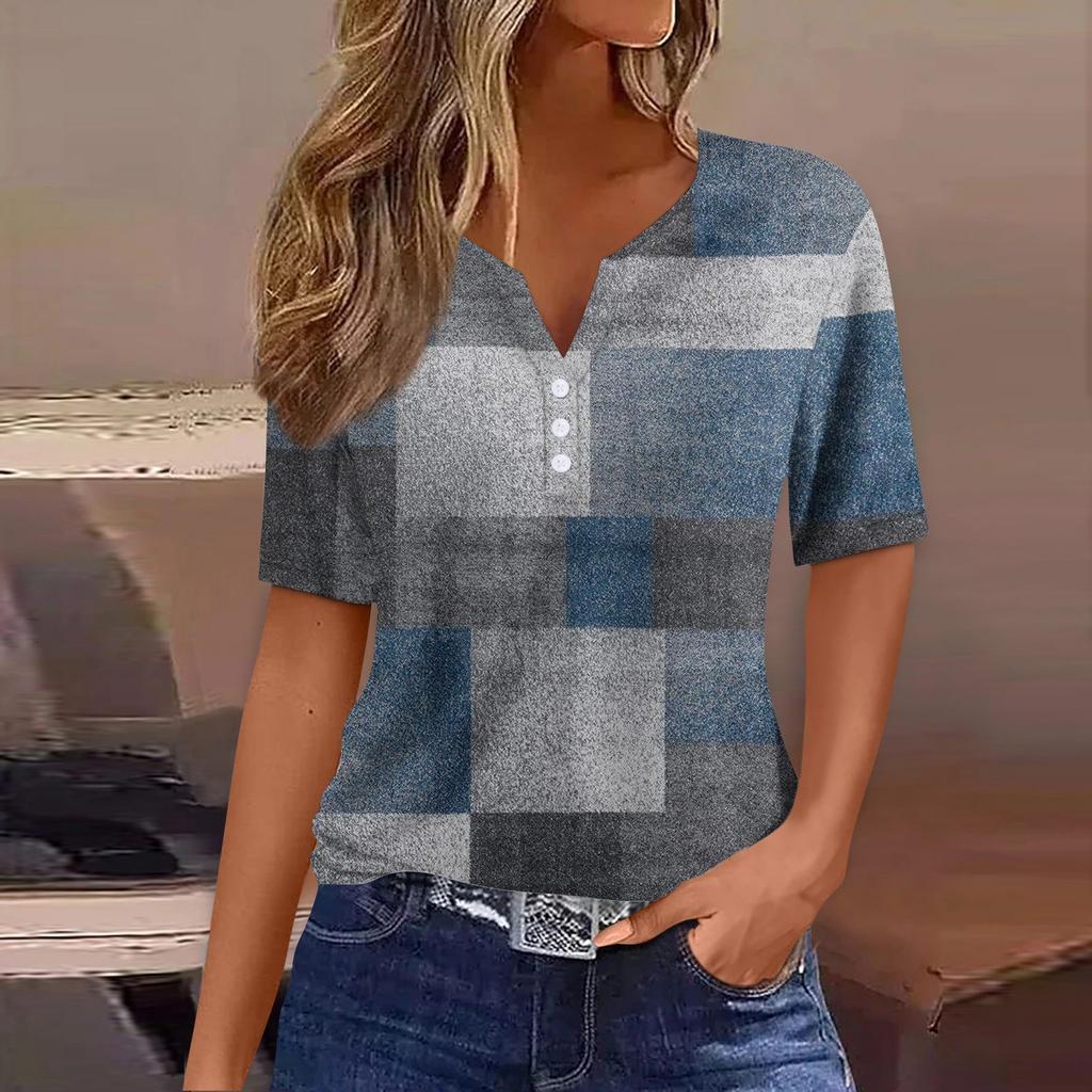 Жен. Футболка Футболка С принтом Пуговицы С короткими рукавами Повседневные Выходные Мода Классический V-образный вырез Обычный Верх