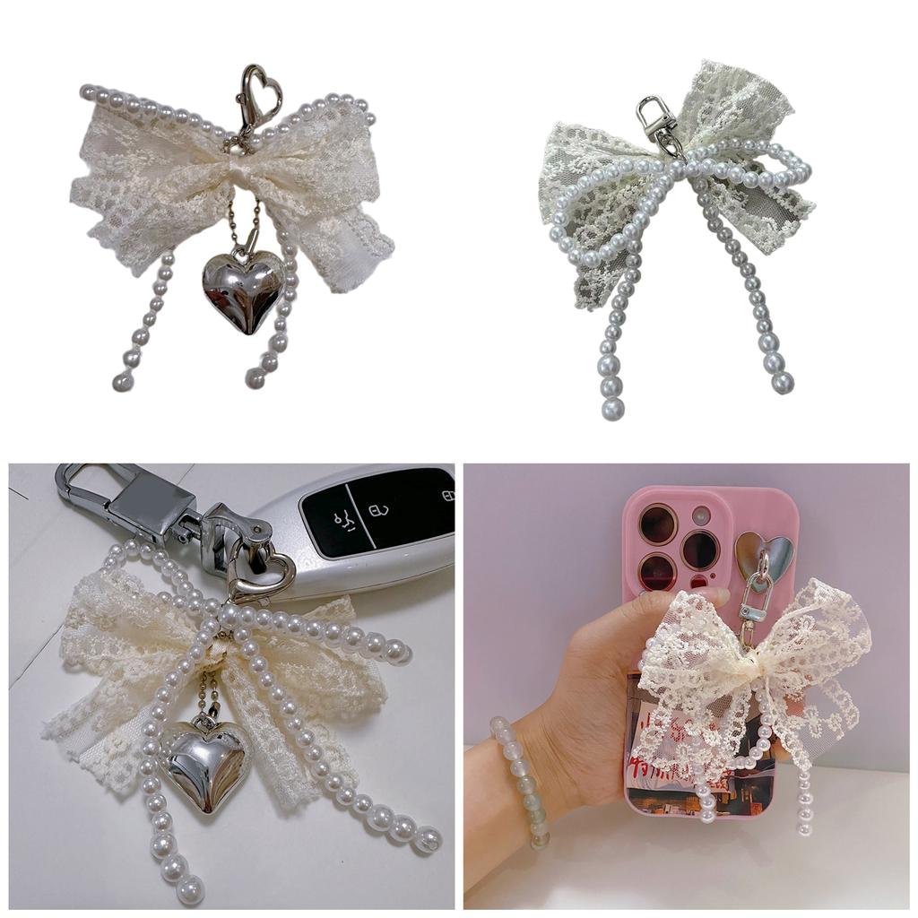 Elegant Pearls Beaded Bowknot Keychain Lovely Beaded Bowknot Keyring Accessory Pearls Bowknot Phone Lanyard Adornment