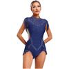 Womens Ballet Gymnastics Dress Rhinestones Figure Ice Skating Leotard Sleeveless Sheer Mesh Patchwork Tassel Skirted Bodysuit