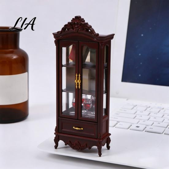 European Style Doll Mansion Accessory Miniature Curio Cabinet, 1/12 Scale Mini Wine Wooden Tiny Display Cabinet with Collectible Case Drawer,