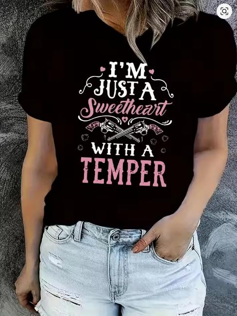 Im Just A Sweetheart with A Temper Womens Tee Western Graphic Casual Dark Gray Top Aesthetic Y2k Top Oversized T Shirt