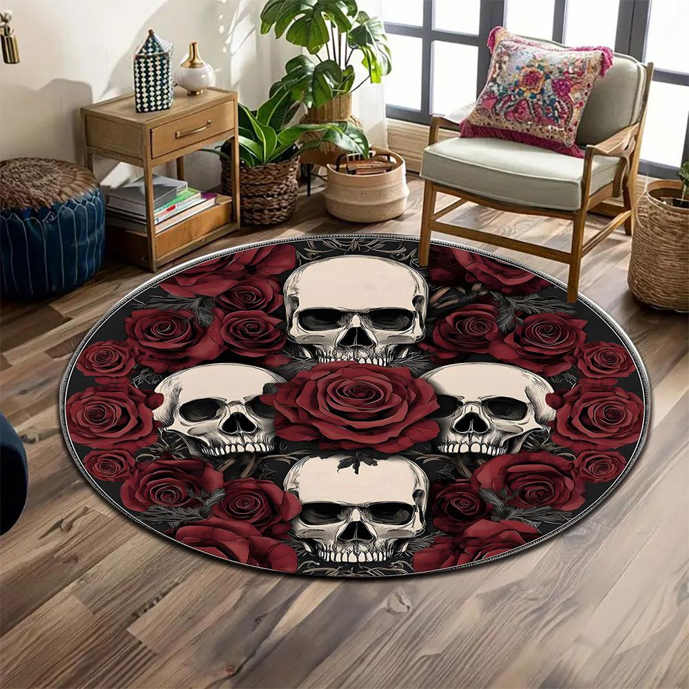 Skulls and Roses Gothic Design Print round rug, living room, bedroom, playroom carpet, non slip floor mat, gift