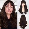 Длинный коричневый парик с челкой Длинные коричневые парики для женщин Натуральные волнистые парики Синтетические темно-коричневые парики для повседневной вечеринки