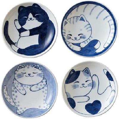 Японский набор маленьких тарелок MINO WARE, керамика, дизайн с милыми кошками, для закусок, десертов, суши, соусниц, 10 x 2 см, набор из 4 штук