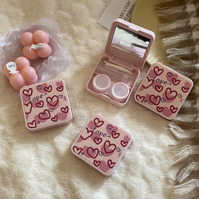 Travel Contact Lens Case with Mirror & Tweezers -for Women Men Cute Pink Love Niche Girl Style Companion Care Box Case