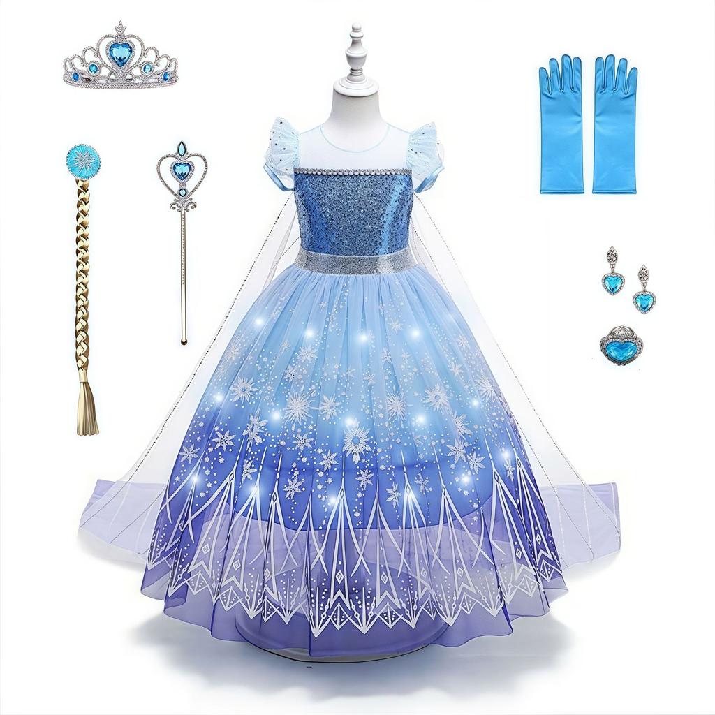Light Up Dress Frozen Elsa Party Dress for Girls, Puffy Sleeve Glowing Birthday Gown with Cape Train, Princess Costume