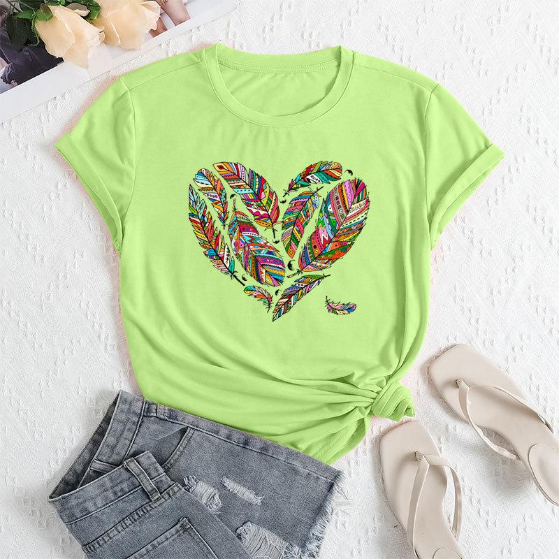 Летние женские футболки больших размеров с принтом в виде перьев и сердец, свободные, с круглым вырезом, повседневные, из чистого хлопка, с короткими рукавами, женские