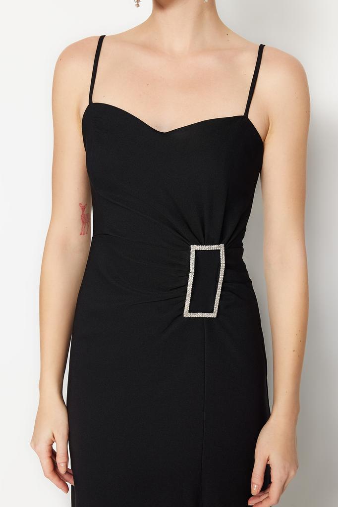 Women's Fashion New Evening Dress & Graduation Dress Black Accessory Detailed Long Evening Evening Dress