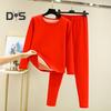 2 Pcs/Set Winter Top Pants Set Thick Plush Round Neck Long Sleeve Elastic Waist Warm Soft Cold Proof Homewear Pajamas Set Thermal Underwear Set