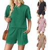 Ladies Fashion Solid Color Wave Pattern Round Neck Short Sleeve Elastic Waist Shorts Two Piece Suit