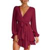 European & American Women's V-Neck High-Waist Long Sleeve A-Line Dress – Solid Color, Slim Fit, Casual Style