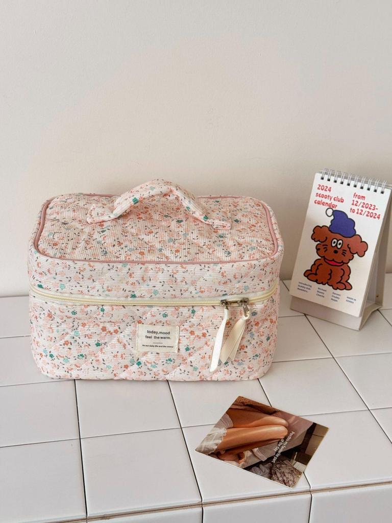 Spring Floral Corduroy Makeup Bag - Versatile Travel Storage