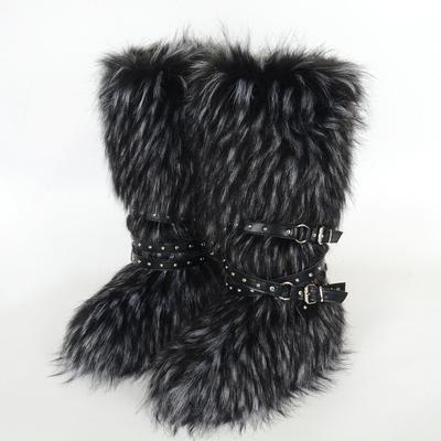 Женские зимние сапоги из искусственного меха лисы, ремень в стиле панк, европейские и американские сапоги с высоким голенищем длиной 40 см, сапоги для снега