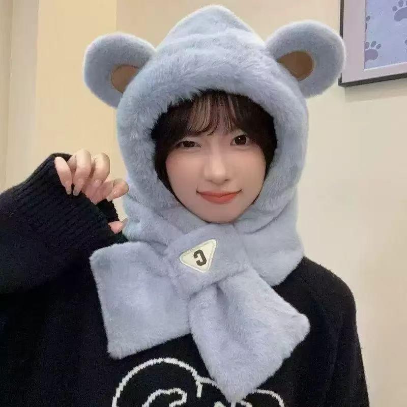 Плюшевая шапка-шарф интегрированная женская осенне-зимняя милая теплая защита ушей шарф универсальная шапка с лисьими ушками