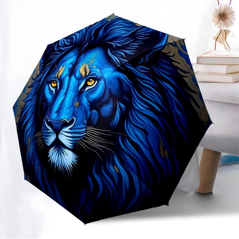 1pc Blue Lion Fashionable Automatic Opening/Closing Folding Umbrella with 8 Iron Bones, Plastic Handle yy251015009