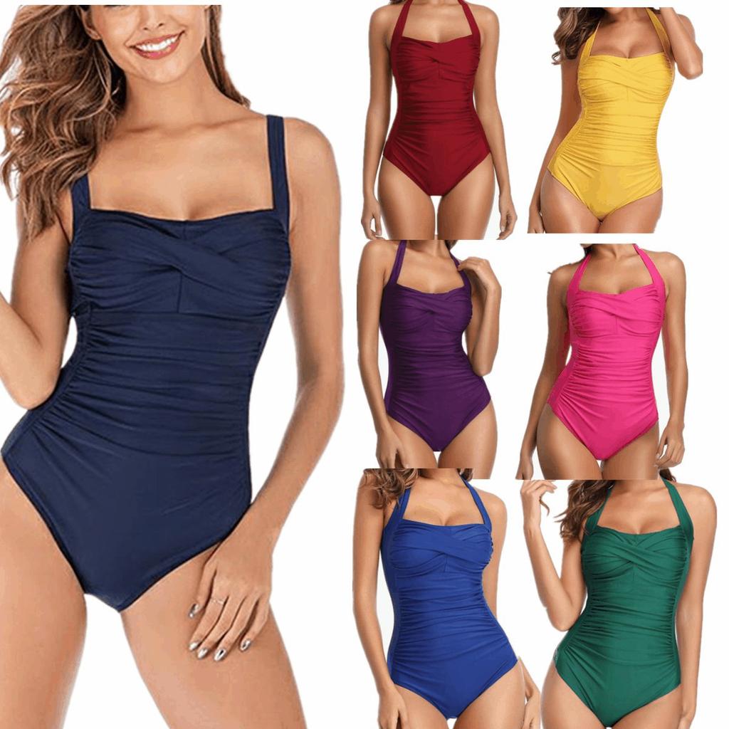 European and American Style Women Fashion Bikini Modest Solid Swimwear Ruched Monokini Swimsuit One Piece Backless Bathing Suit