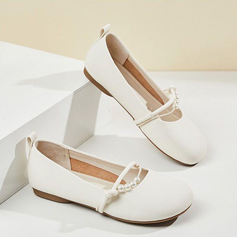 Бежевые туфли Мэри Джейн на плоской подошве, женские туфли, весна и осень, маленькие кожаные туфли, летние новые туфли с неглубоким вырезом и мягкой подошвой