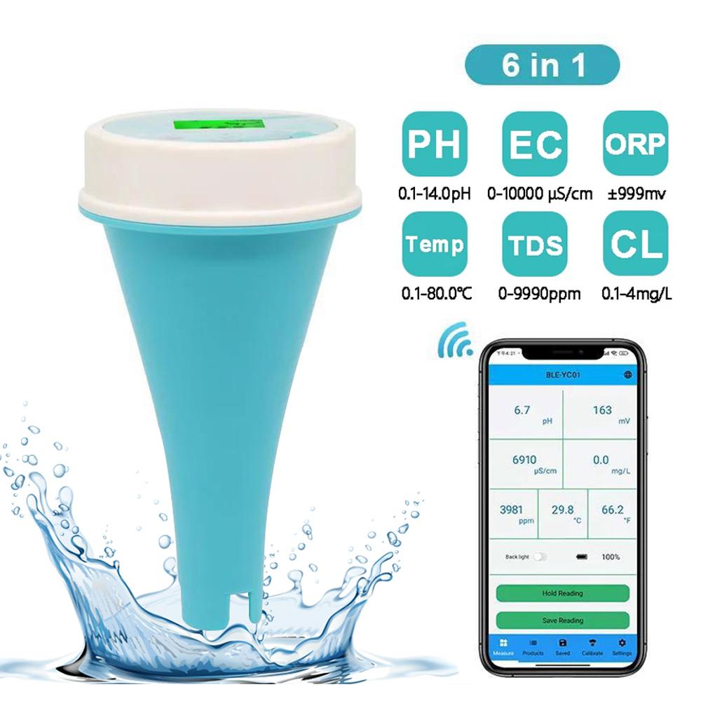 Плавающий интеллектуальный анализатор воды для бассейна 6 в 1 pH, хлор, электропроводность, TDS, ОВП, тестер температуры для воды в спа-бассейне с приложением Bluetooth