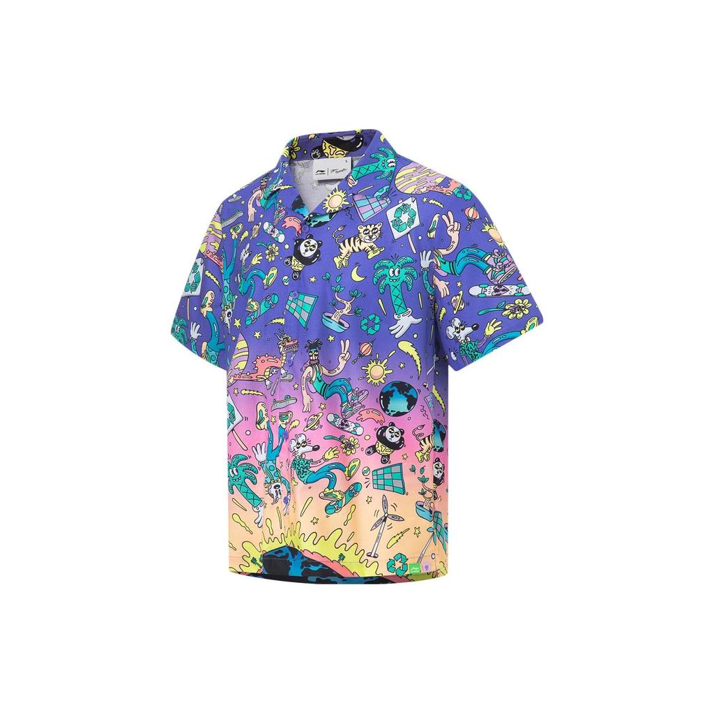 Li Ning X Steven Harrington Мультфильм Аниме Сплошной Принт Свободная Рубашка С Коротким Рукавом Мужские Рубашки Фиолетовый ASHT017-2