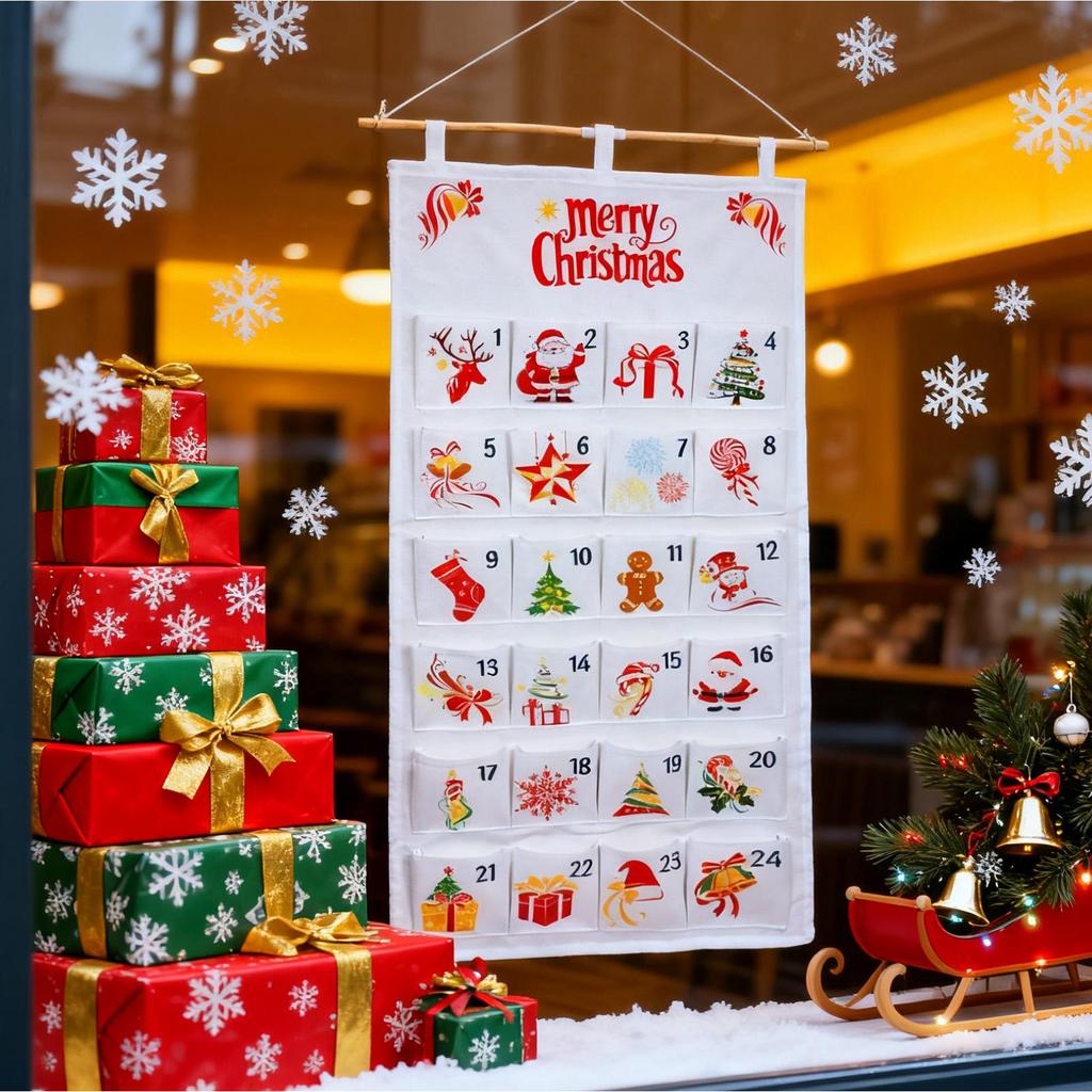 Fabric Christmas Advent Calendar Christmas Countdown Calendar Reusable Wall Hanging Ornaments with 24 Pockets Party Supplies