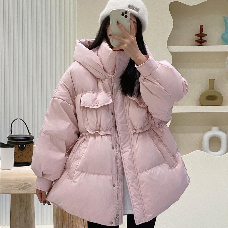 Милая короткая куртка-пуховик женская зимняя 2024 года, новая мода, дизайн с завязками, белое утепленное пальто на утином пуху