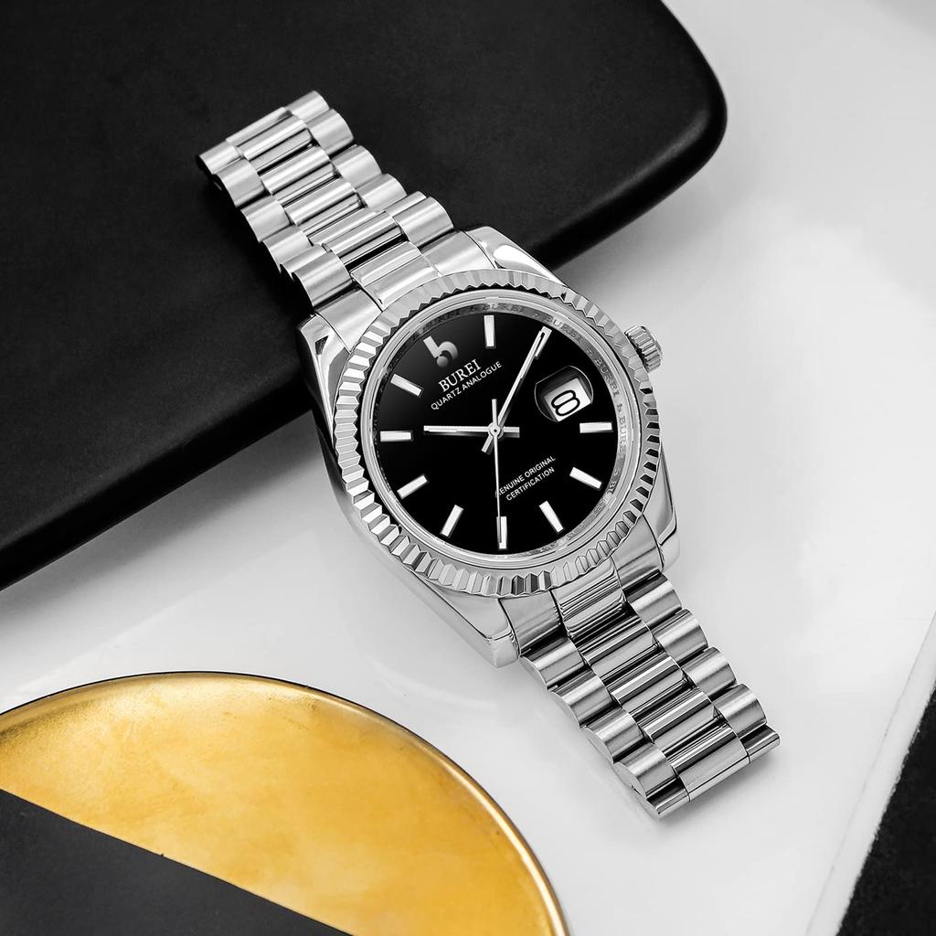 Часы водонепроницаемые брендовые кварцевые аналоговые часы простые популярные деловые модные серебристо-черные светящиеся часы подарок на день рождения [BUREI] мужские