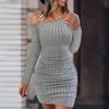 Women Fall Spring Dress Knitted One Shoulder Skinny Elastic Oblique Neck Solid Color Tight Waist Anti-shrink Long Sleeve Mini