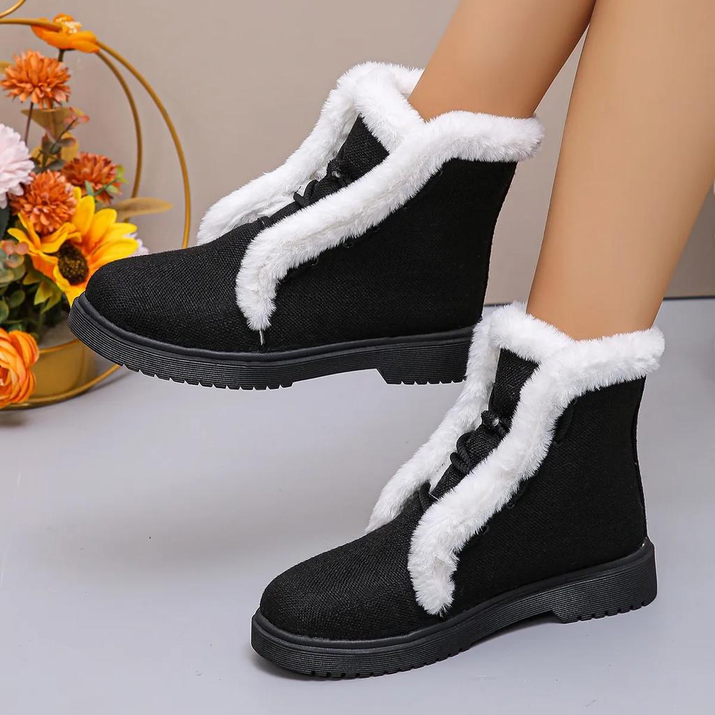 Fashion Autumn and Winter Thick Snow Boots with Velvet New Fashionable Women's Fury Short Style Tie Up Warm Non-slip Winter Boots