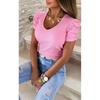 2025 Весна Лето Женская футболка V-образный вырез Нитка Повседневная мода Однотонный пуловер Рукав-фонарик Короткий рукав Женская футболка