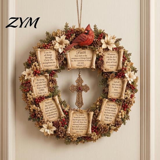 Catholic Housewarming Presents Christian Bible Verse Christmas Wreath, Pine Cones Decor, Religious Pastoral Thanksgiving Gifts Scripture Wreath