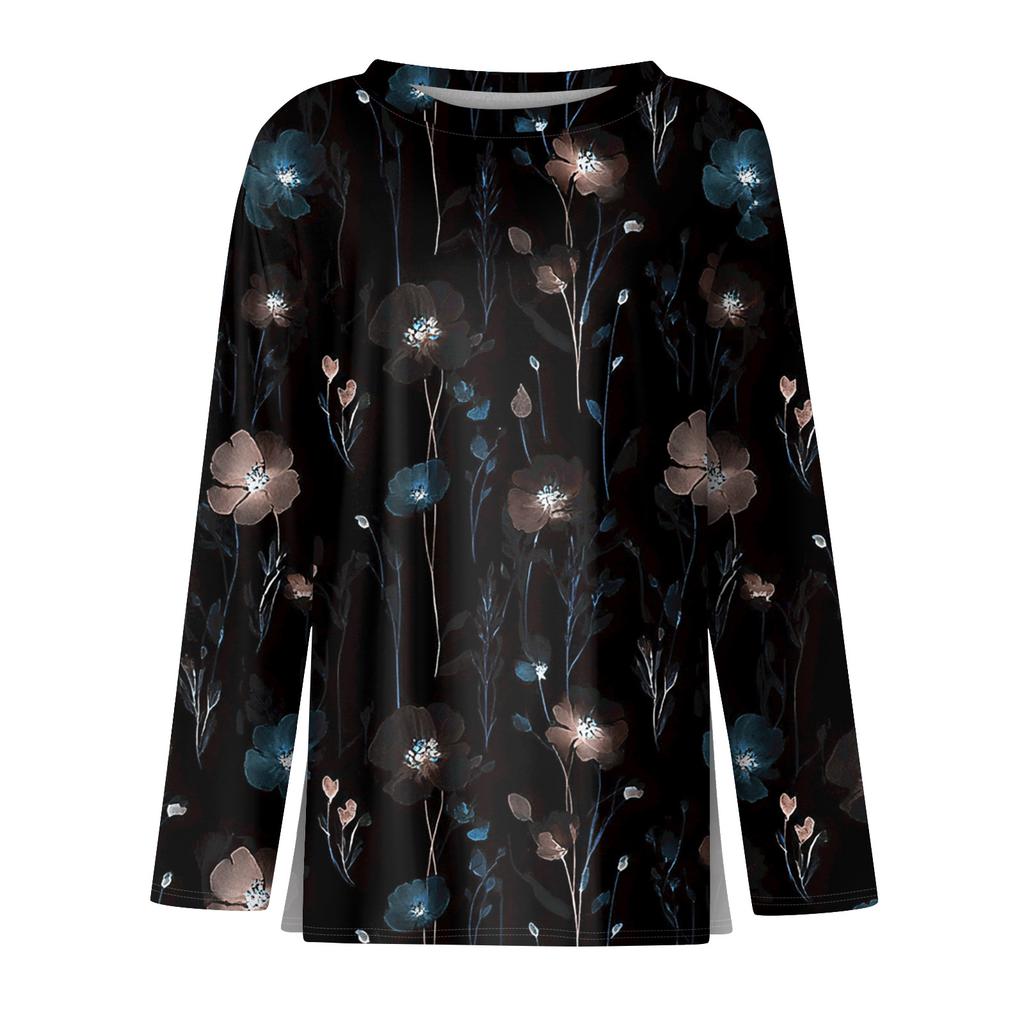 Женская модная повседневная свободная футболка с разрезом и круглым вырезом с длинным рукавом с принтом, женский топ