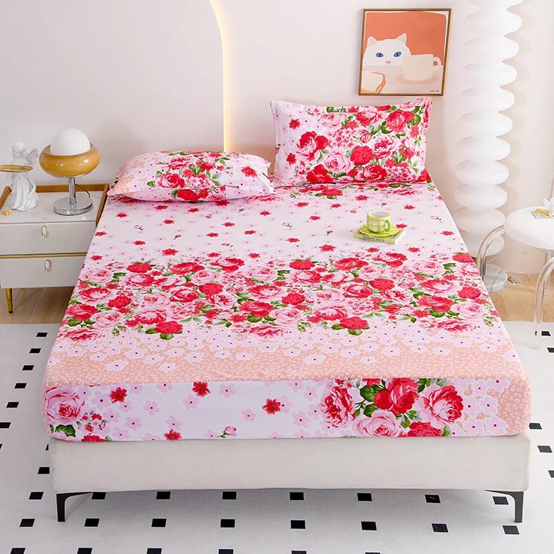 Red Flower Printed Bed Sheet Sets Queen/King Size Matrimonial Reactive Printed Fitted Bedsheets for Double Bed