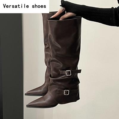 Женские сапоги до колена в стиле ретро, модные туфли с пряжкой на ремне, осенне-зимние туфли на танкетке, женские длинные сапоги в рыцарском стиле