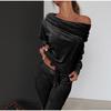 Ladies Sweatshirt Pants 2-piece Set Asymmetrical Strapless Velvet Sportswear Casual Wear Autumn and Winter S-5XL