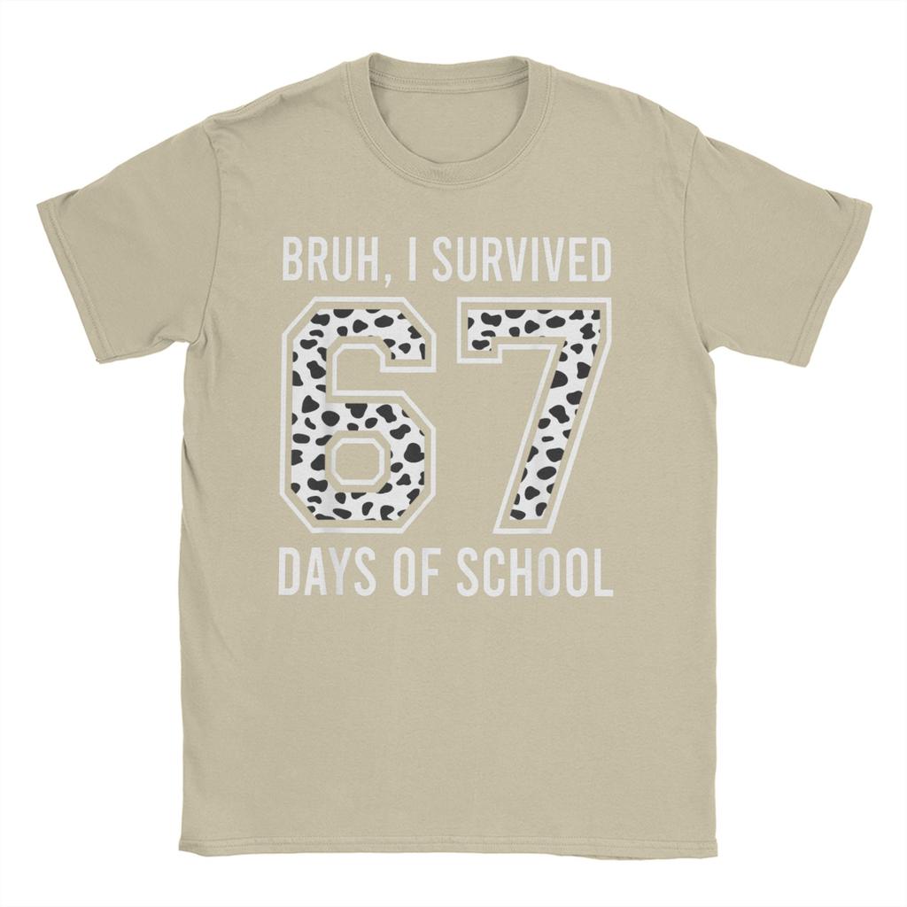 Mens TShirt Bruh I Survived 67 33 Days of School 100th Day of School Cotton Tees Short Sleeve T Shirts O Collar Clothes