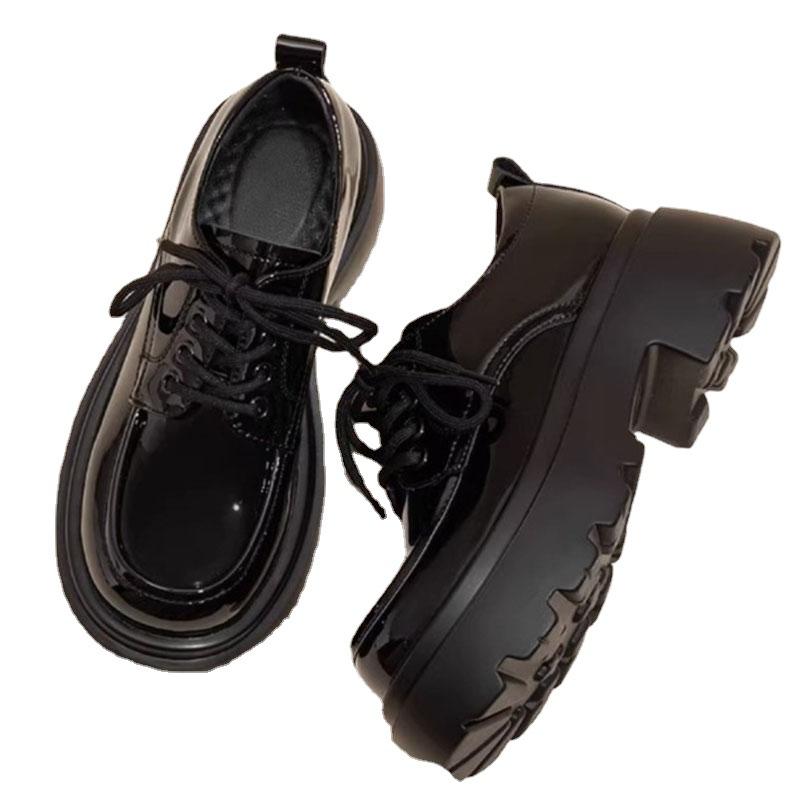 Шнурки для ботинок, Маленькие кожаные туфли, Толстая подошва, Черные туфли на высоком каблуке, Шнурки для увеличения роста, Японская женская обувь с круглым носком
