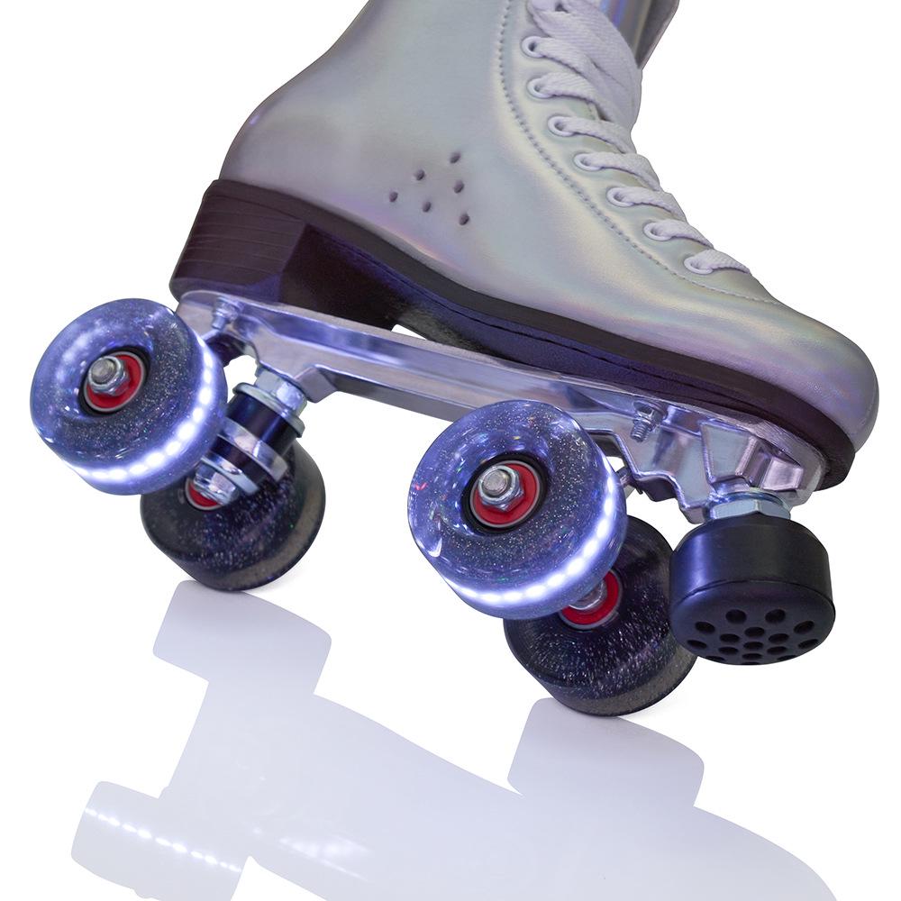 New In-Stock Double-Row Roller Skates with Laser Fabric, Adjustable Brake, and PU Flashing Wheels for Ice Rink.